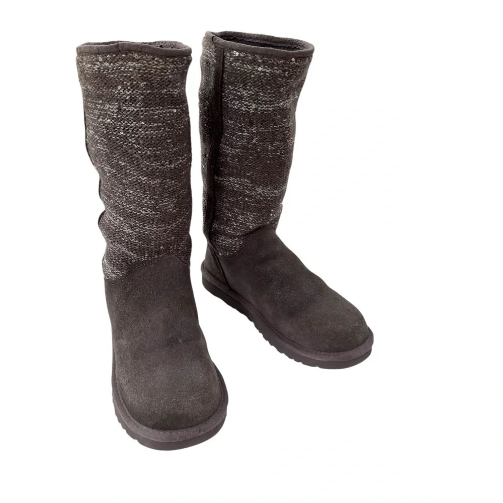 UGG Australia Camaya Leather Suede Sweater Boot Sequins Mid-Calf Gray Size 7